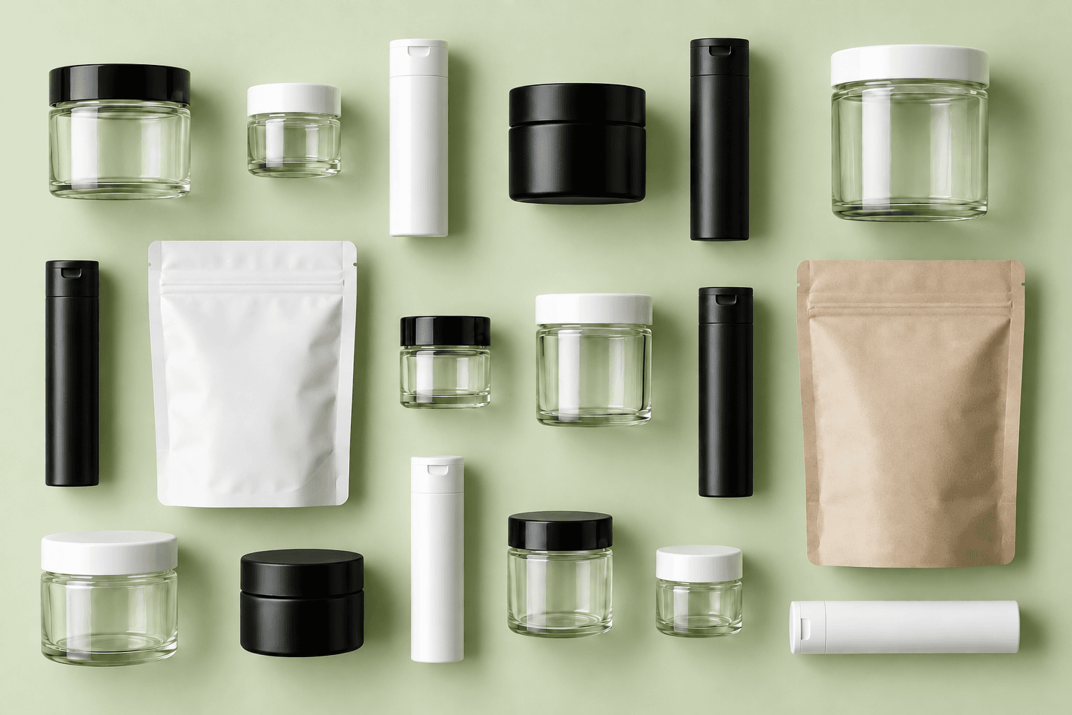 Overhead arrangement of empty jars, pop-top tubes, caps and packaging pouches on a green background